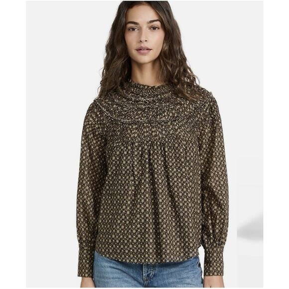 NWT Rebecca Taylor Womens Feather Fleur Print Ruched Neck Peasant Brown Shirt 0 - Picture 1 of 14